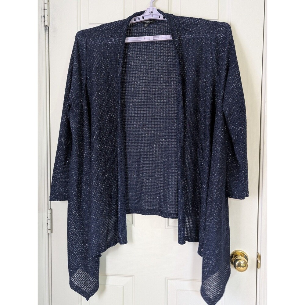Lane Bryant Open Front Cardigan Knit Duster 26-28 Navy Silver Metallic Shimmer